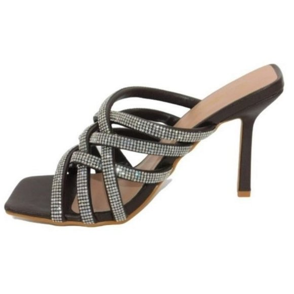 Mata Women's Braided Clear Rhinestone Slip On High Heel Sandals - Picture 3 of 4